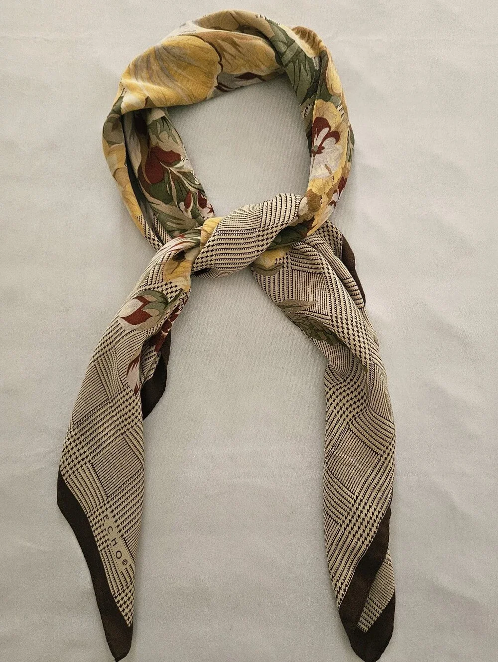 Echo Silk Floral Bouquet Glen Plaid Square Scarf Brown Gold 32